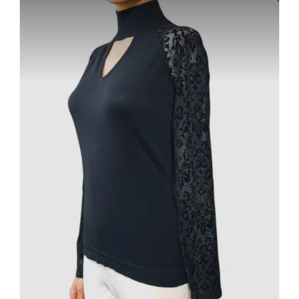 August Silk Black Keyhole Mock Neck Top Sheer Damask Sleeves M Velvet Burnout